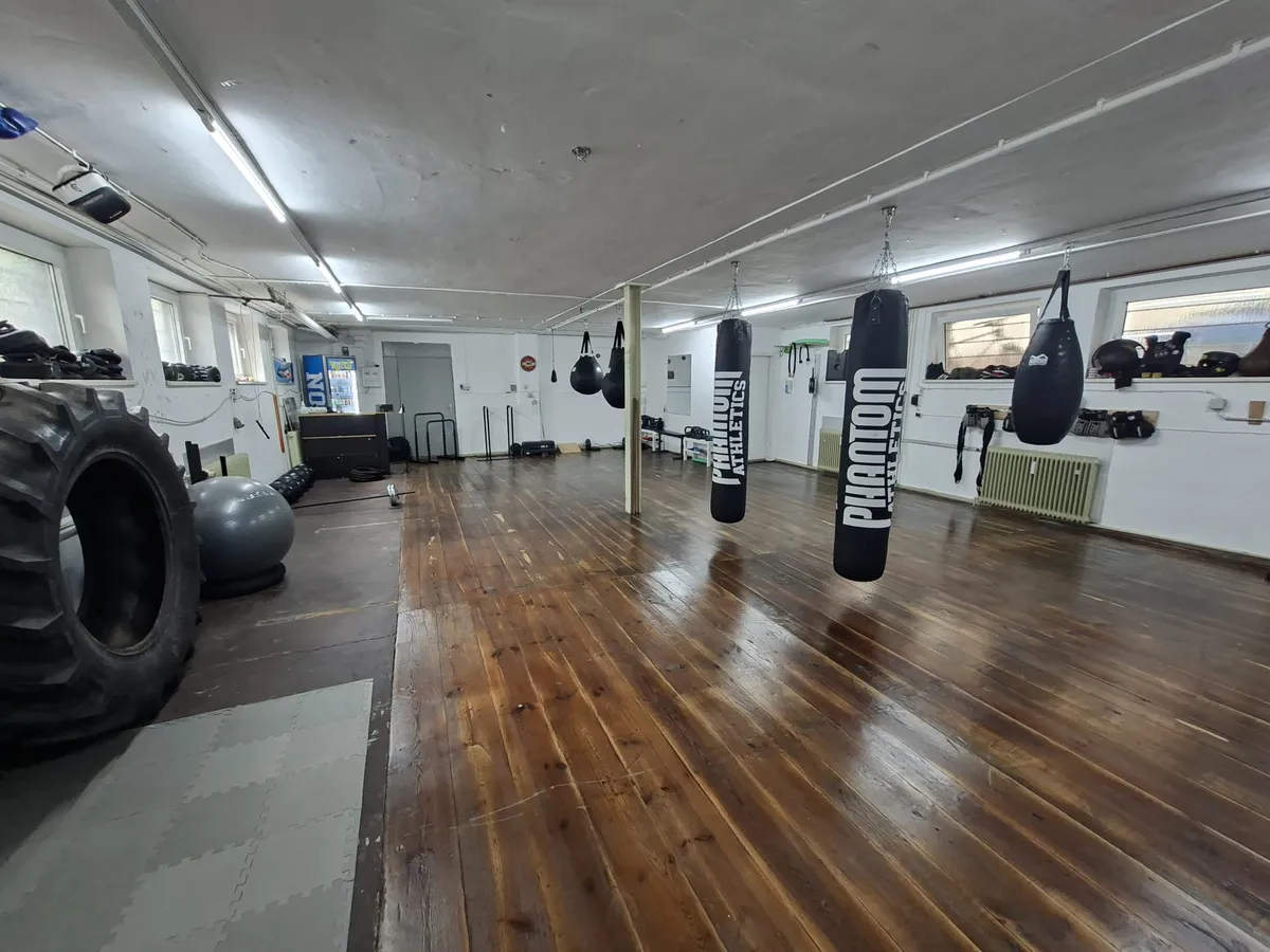 Trainingsfläche mit Phantom Athletics Boxsäcken und Trainingsreifen